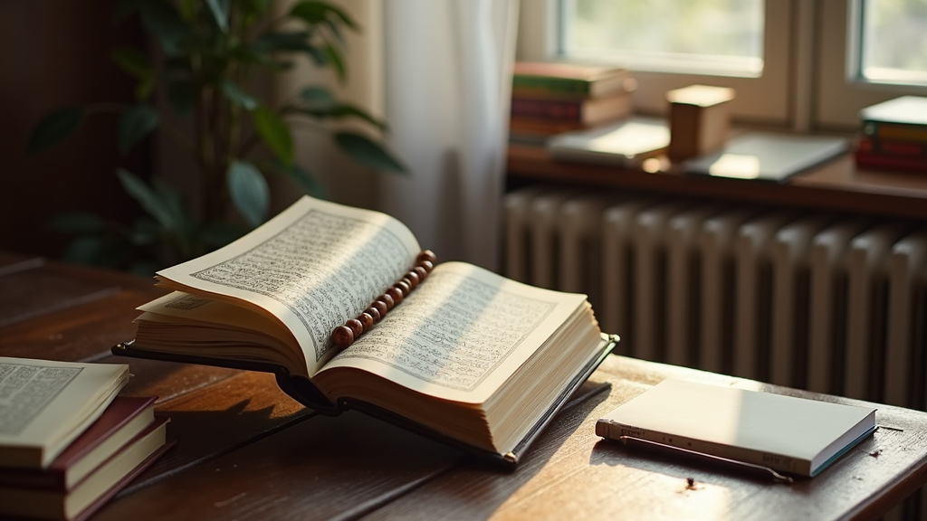 Open Quran with a prayer mat and prayer beads on a wooden table